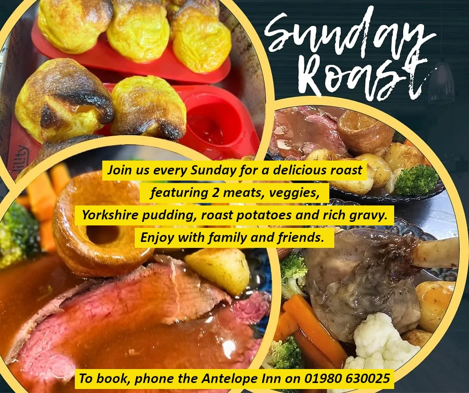 Sunday Roast at the Antelope Inn, Upavon, choice of 2 meats, roast potatoes, veggies, Yorkshire pudding, and rich gravy.